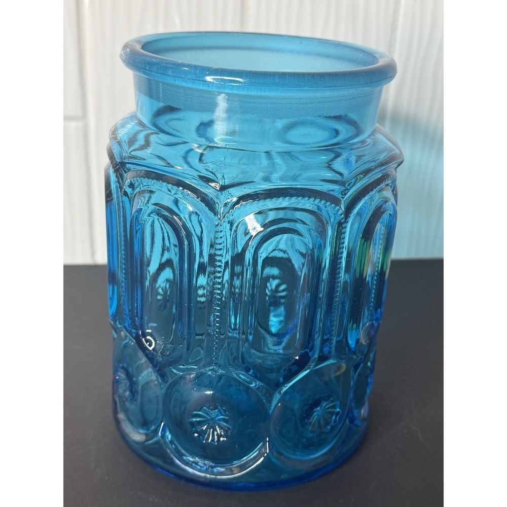Moon and Stars L.E. Smith Blue Teal Glass 7-1/2" Canister NO LID - Picture 4 of 10